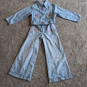 Vintage 1970s Girls Denim Pant Suit Size 7 Growing Girl Brand